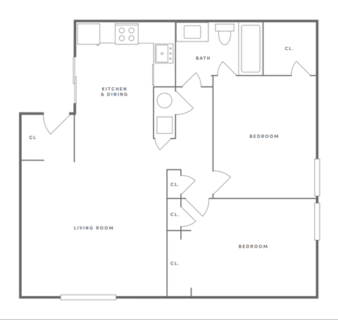 Floor plan for 2 beds, 1 bath, 950 sqft
